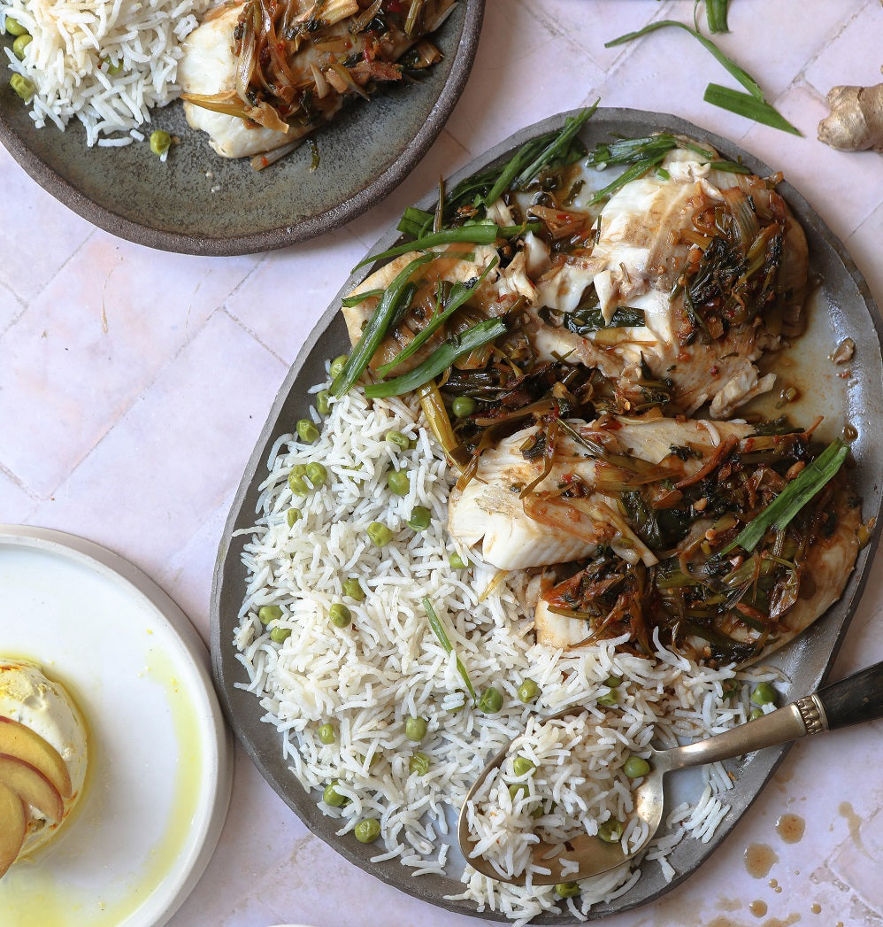 Steamed Scallion Ginger Fish and Matcha Cake